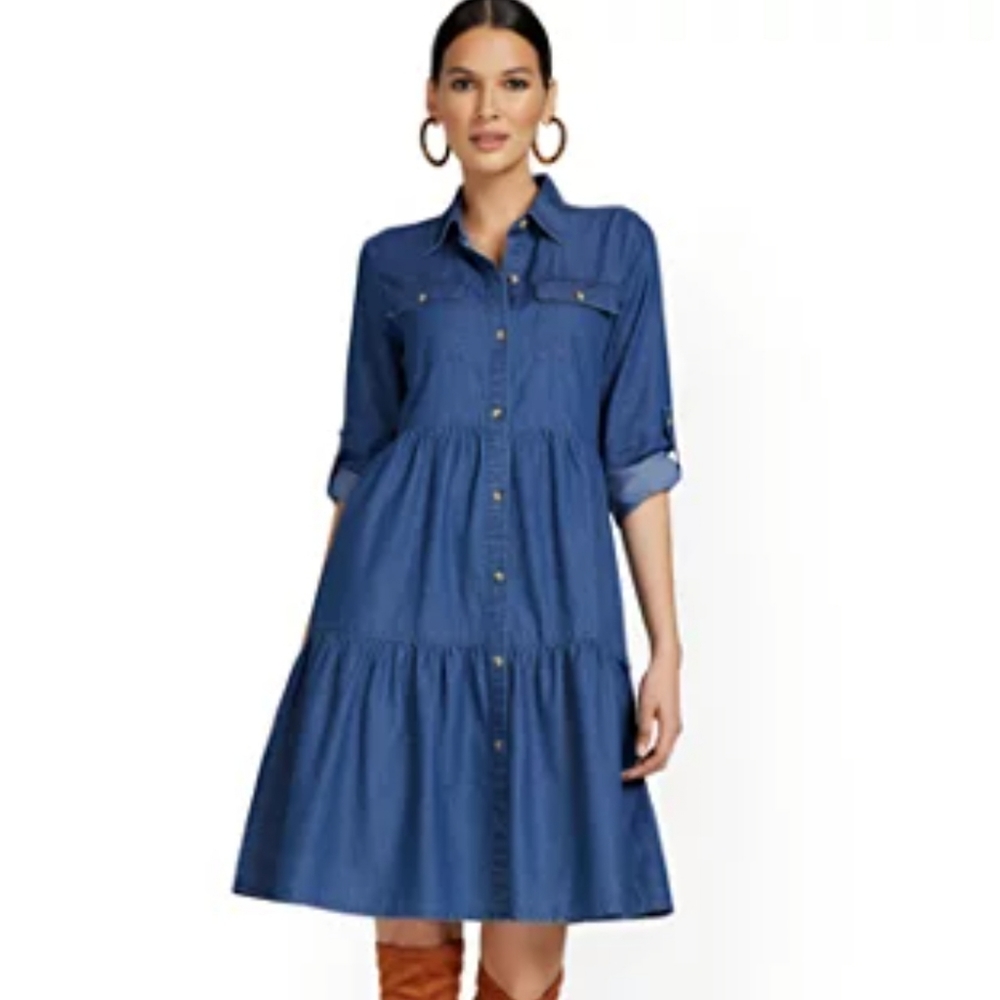 Millenium Dark Wash Tiered Button Front Denim Babydoll Dress‎ Size S